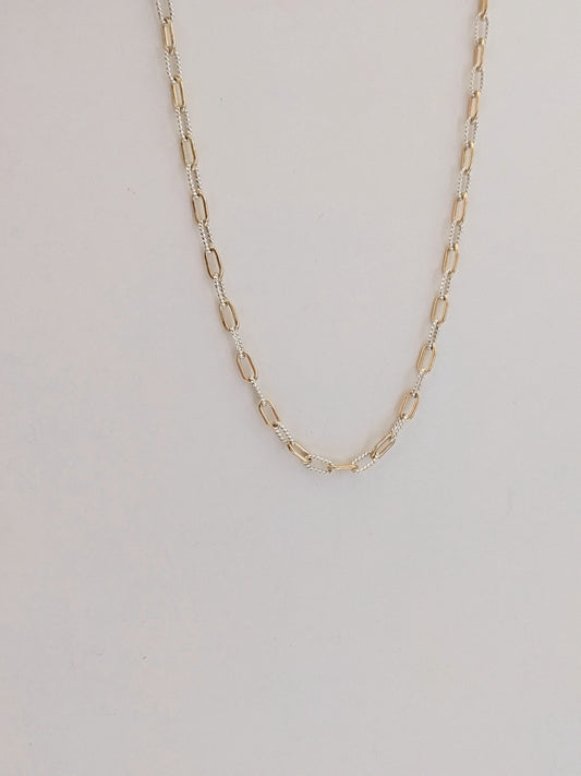 Mixed metal paperclip chain necklace in gold-filled and sterling silver. The versatile two-tone layering chain that goes with everything. Handmade in Brooklyn.