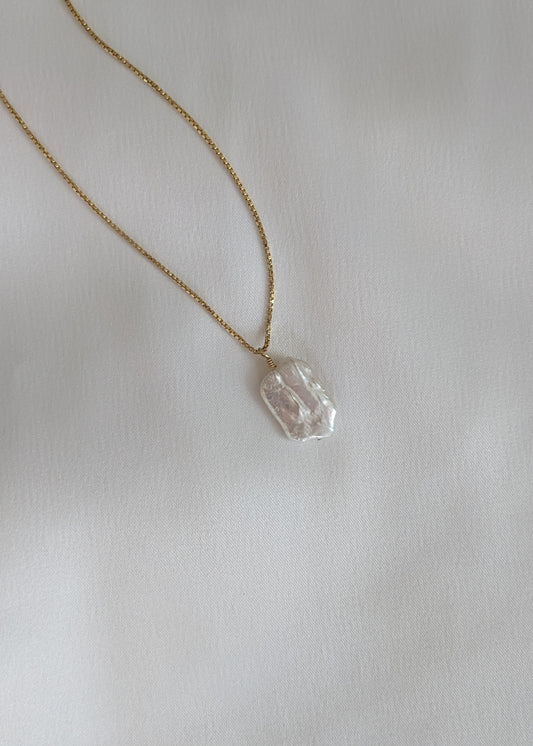 gold filled box chain necklace with a baroque pearl pendant