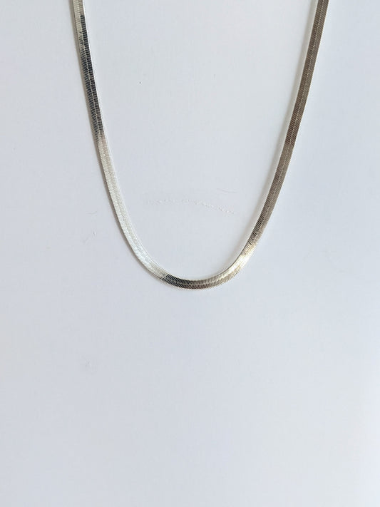 A silver snake chain necklace draped in a U-shape against a plain white background.